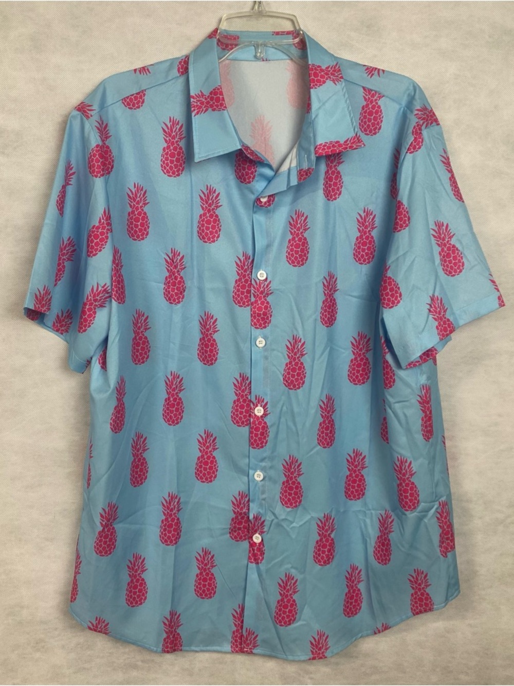 Manfinity Shirt Men's Sz XL Blue Pink Button Up Short Sleeve Hawaiian Pineapple